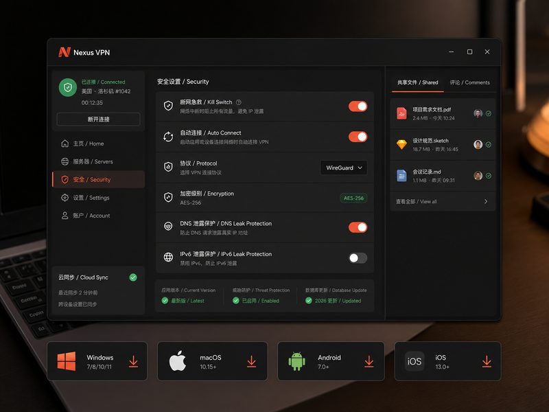 Nexus VPN 客户端安全协议与数据加密设置面板